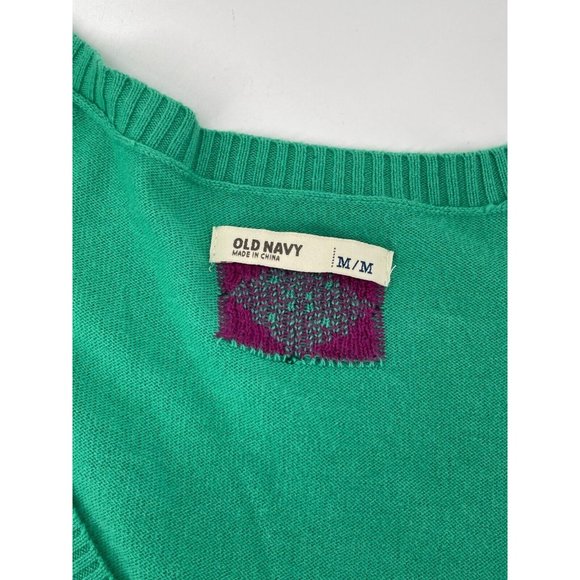 Old Navy Women's Green Knit Long Sleeve Sweater Argyle Scoop Neck Size M - Picture 5 of 10